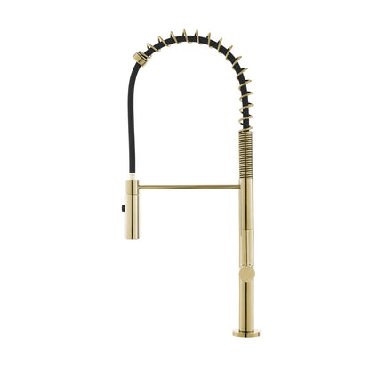 Pull-down kitchen faucet in brushed gold, single handle, spring spout design.