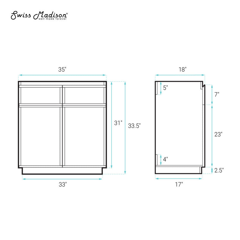 St. Tropez 36" Freestanding Bathroom Vanity Cabinet without Top in White Oak