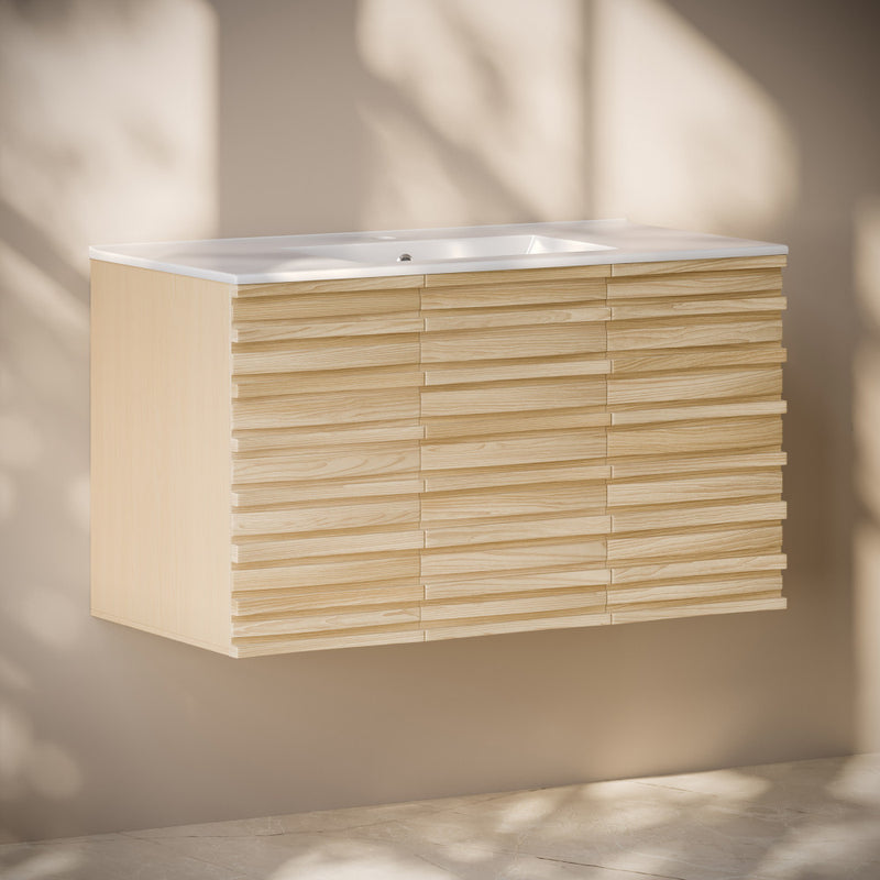 Cascade 36" Wall-Mounted Bathroom Vanity in Natural Oak with Sink Top