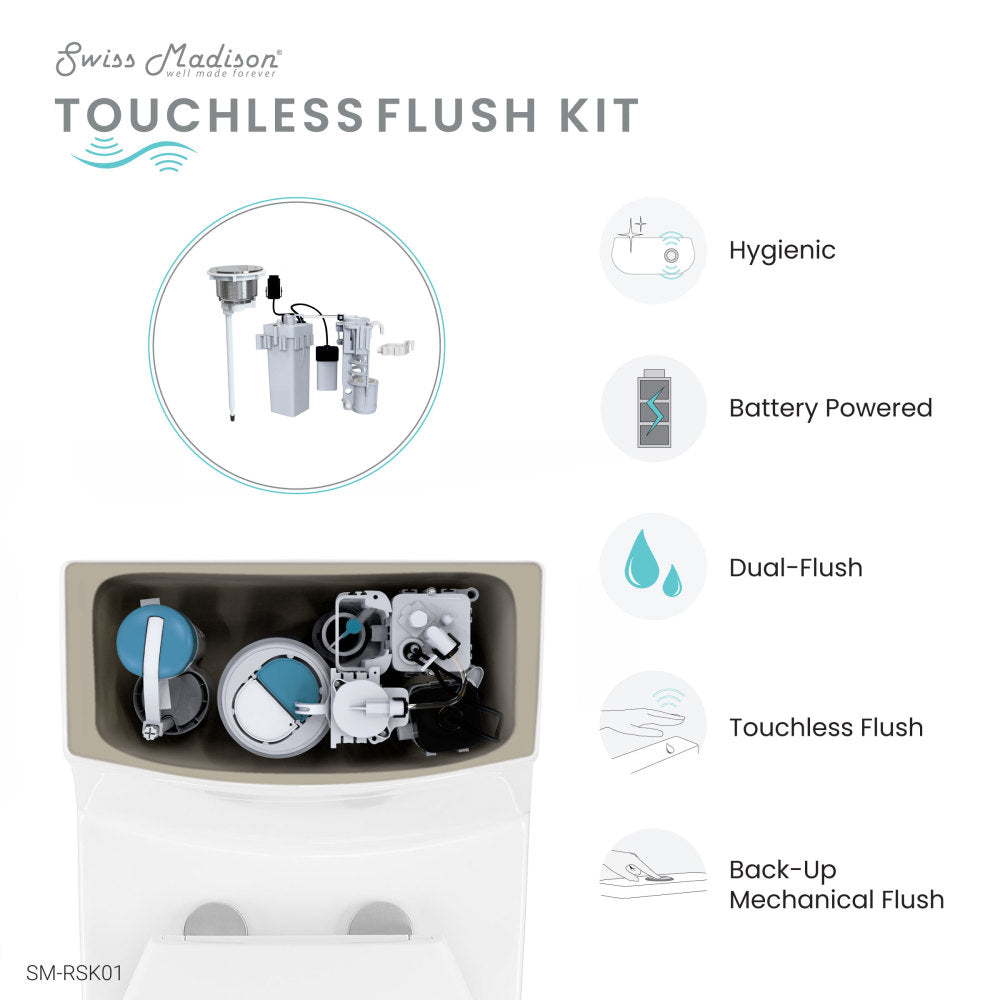 Touchless retrofit kit in white, battery powered, dual-flush, hygienic toilet accessory.