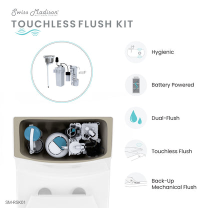Touchless retrofit kit in white, battery powered, dual-flush, hygienic toilet accessory.
