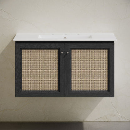 Classe 36" Wall-Mounted Bathroom Vanity in Black Oak with Widespread Faucet Holes Vanity Top