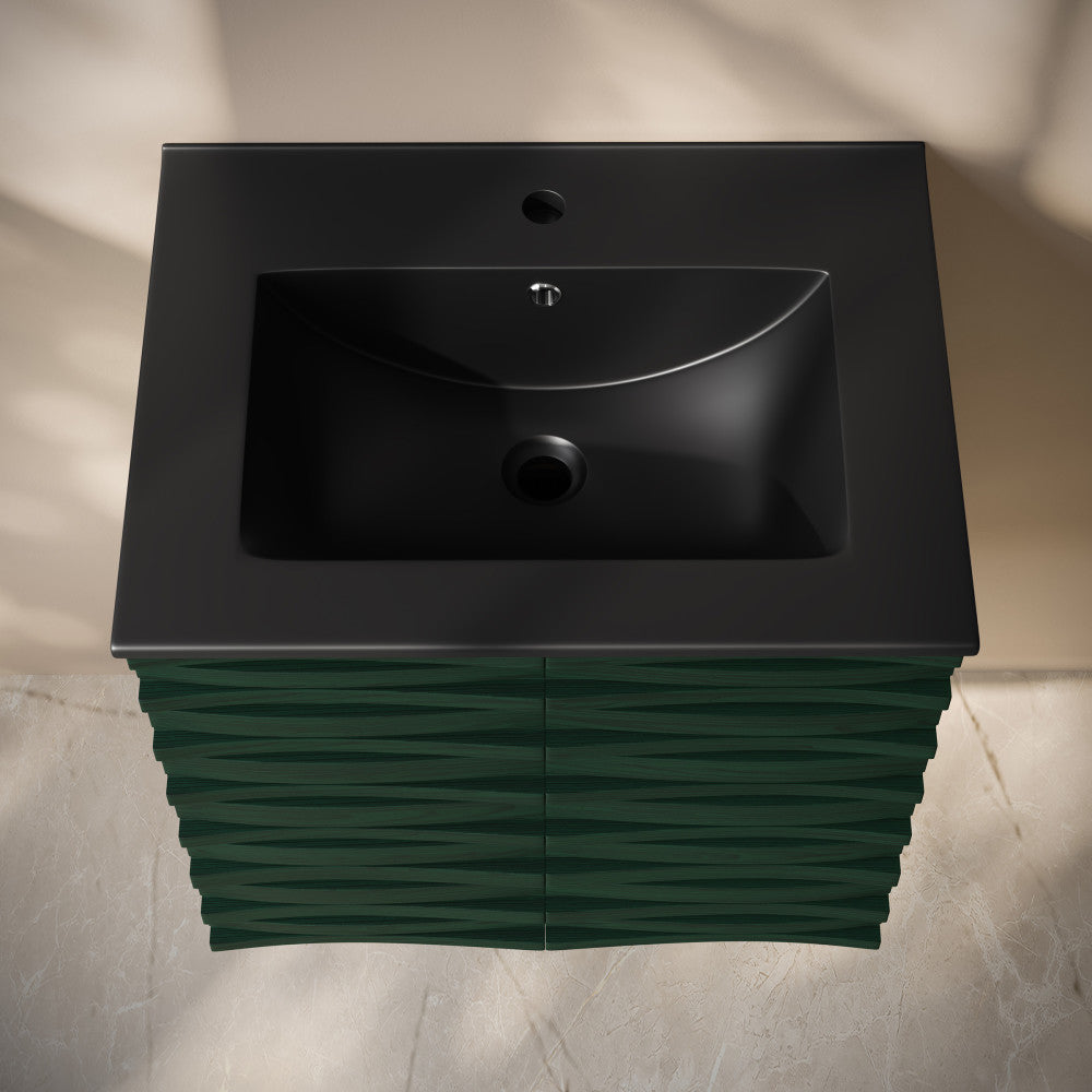 Cascade 24" Wall-Mounted Bathroom Vanity in Green Oak with Black Sink Top