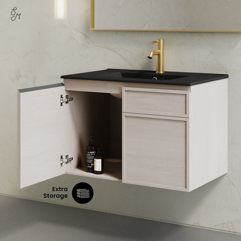 St. Tropez 30" Wall-Mounted Bathroom Vanity in White Oak with Black Sink Top