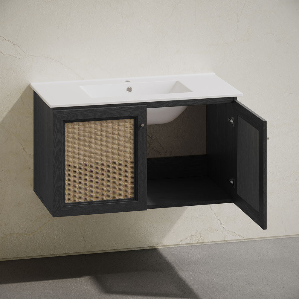 Classe 36" Wall-Mounted Bathroom Vanity in Black Oak with Single Faucet Hole Vanity Top