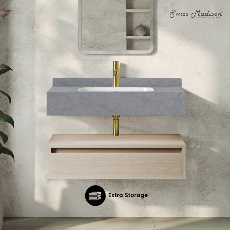Avancer 36" Wall-Mounted Bathroom Vanity in White Oak with Charcoal Grey Sink Top