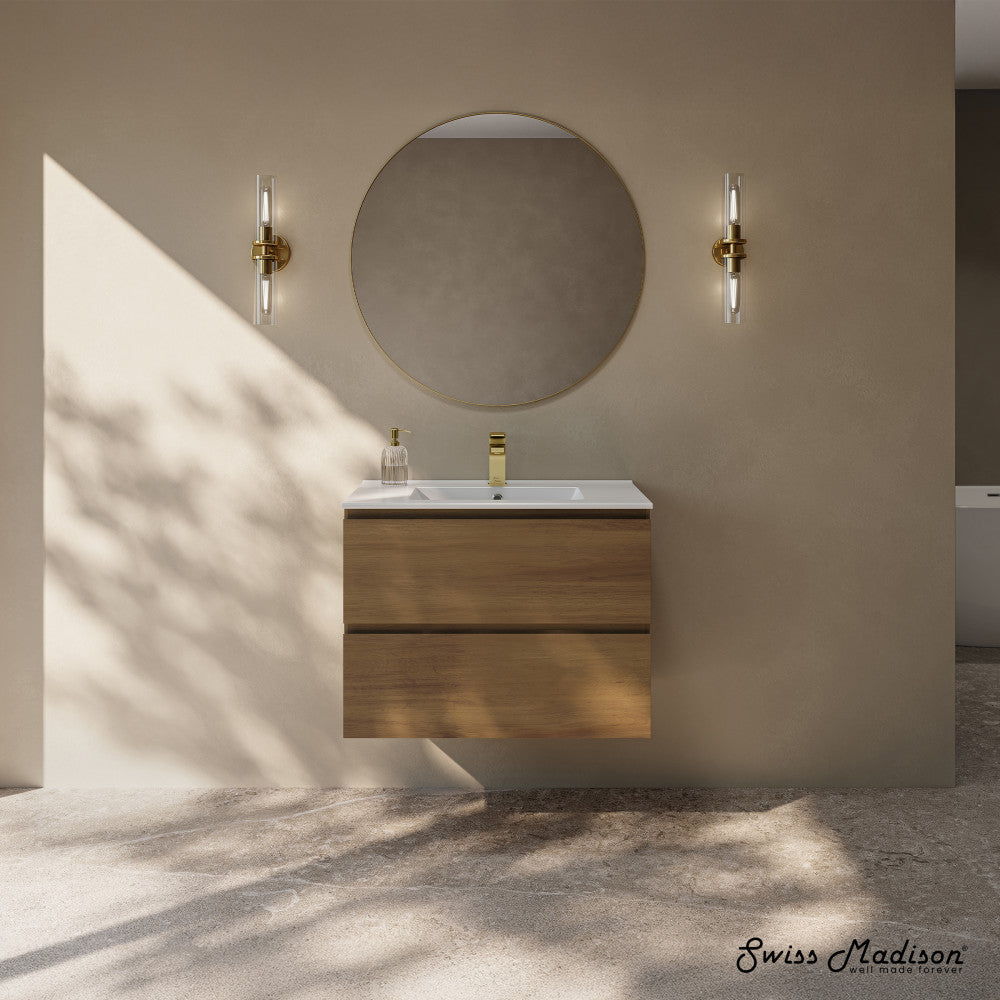 Liberte 30" Wall-Mounted Bathroom Vanity in Brown Oak with Sink Top