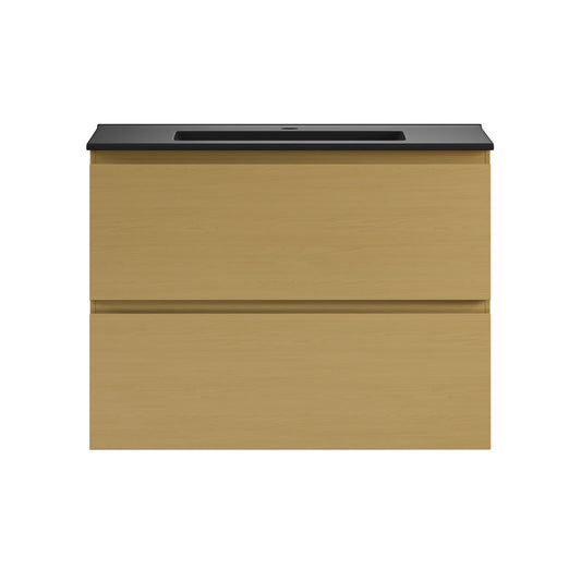 Liberte 30" Wall-Mounted Bathroom Vanity in Natural Oak with Black Sink Top