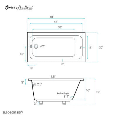 Voltaire 48" x 30" Reversible Drain Drop-In Bathtub