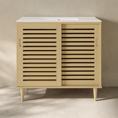 Delice 36" Freestanding Bathroom Vanity in Natural Oak with 3-Hole Widespread Sink Top