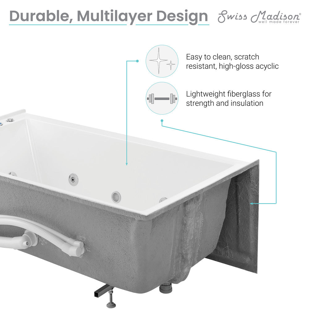 Rectangular alcove whirlpool bathtub 60x36 inch, right-hand drain, apron front.