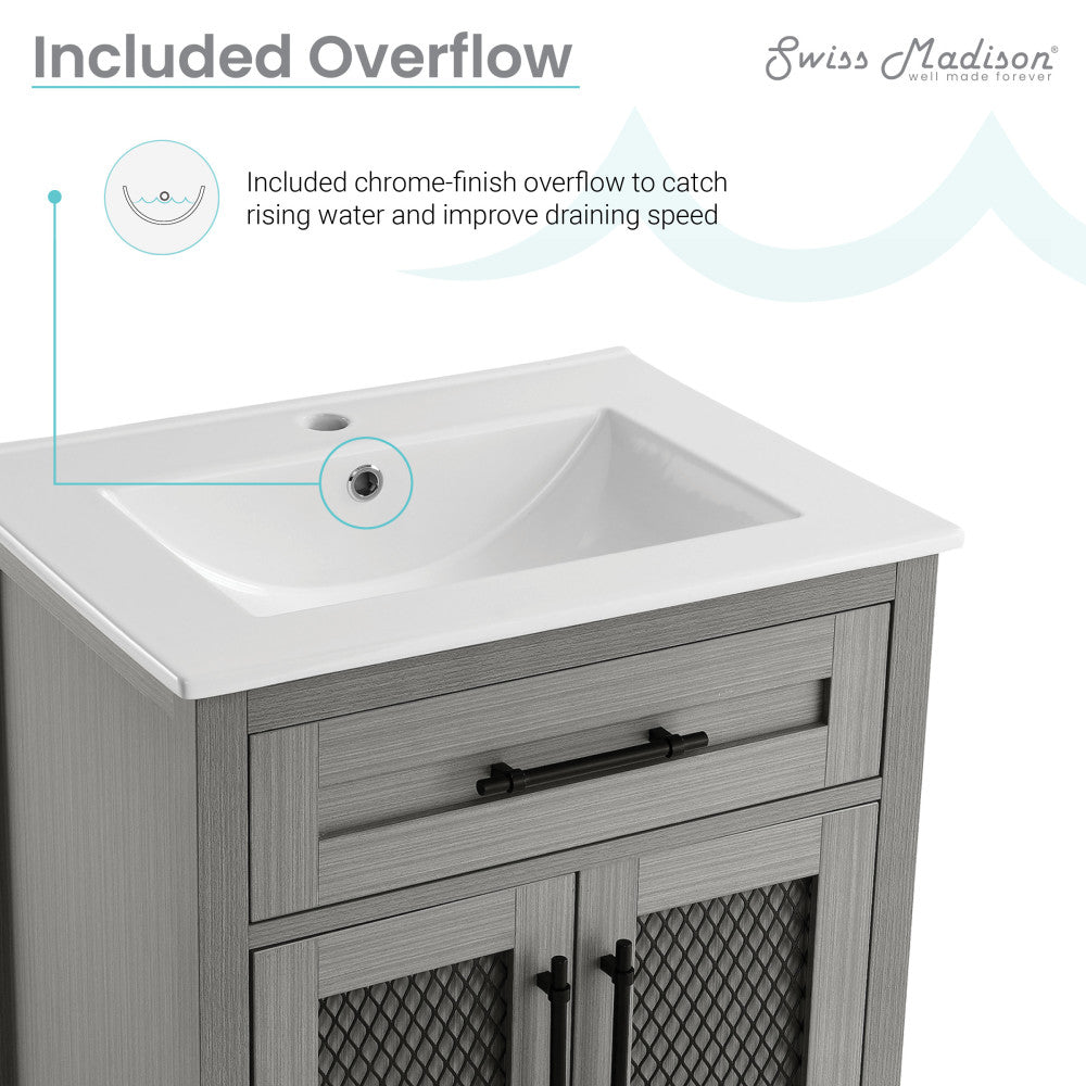 24-inch freestanding bathroom vanity in carbon gray with soft-close doors and mesh cabinet fronts.