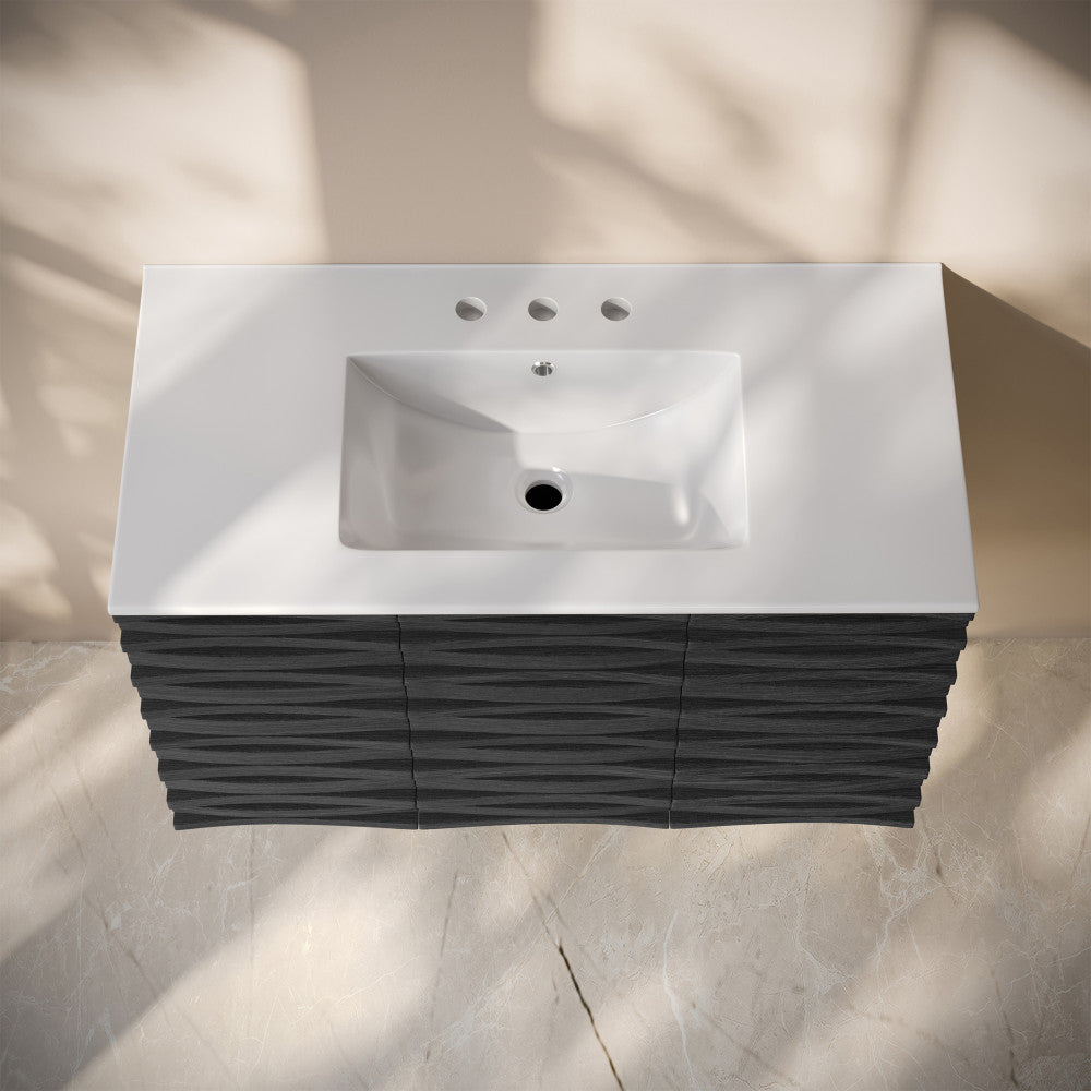 Cascade 36" Wall-Mounted Bathroom Vanity in Black Oak with 3-Hole Widespread Sink Top