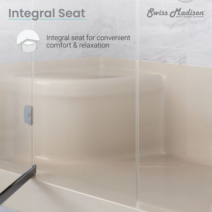 60" x 32" biscuit shower base with left drain and integral right-hand seat.