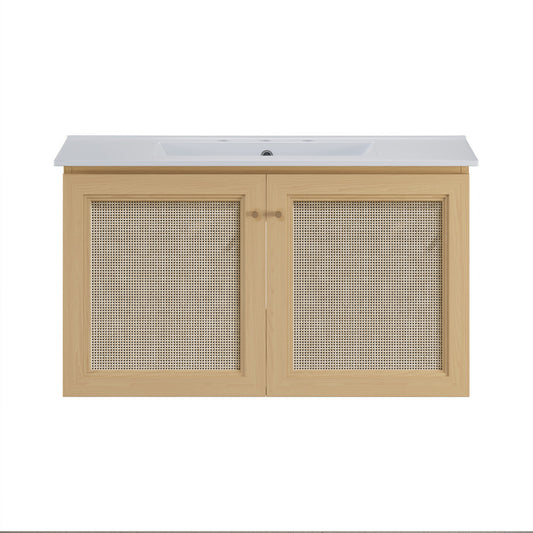 Classe 36" Wall-Mounted Bathroom Vanity in Natural Oak with Widespread Faucet Holes Vanity Top