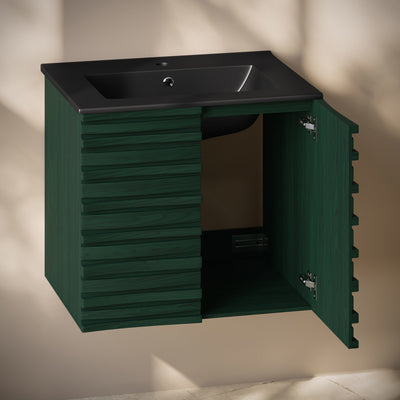Cascade 24" Wall-Mounted Bathroom Vanity in Green Oak with Black Sink Top