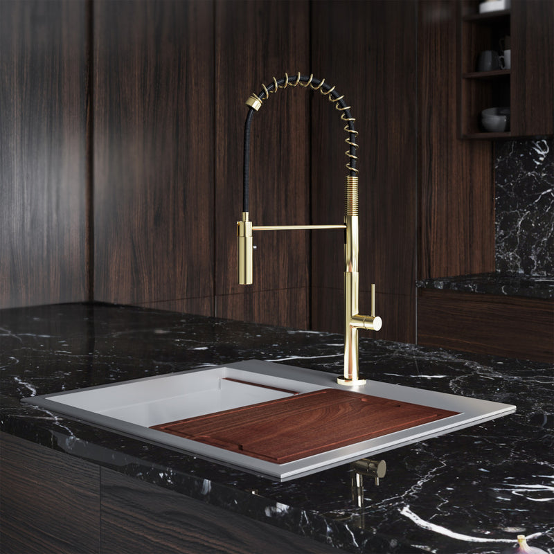 Chalet Single Handle, Pull-Down Kitchen Faucet in Brushed Gold