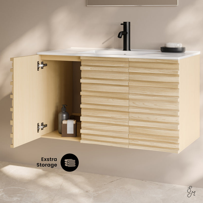 Cascade 36" Wall-Mounted Bathroom Vanity in Natural Oak with Sink Top