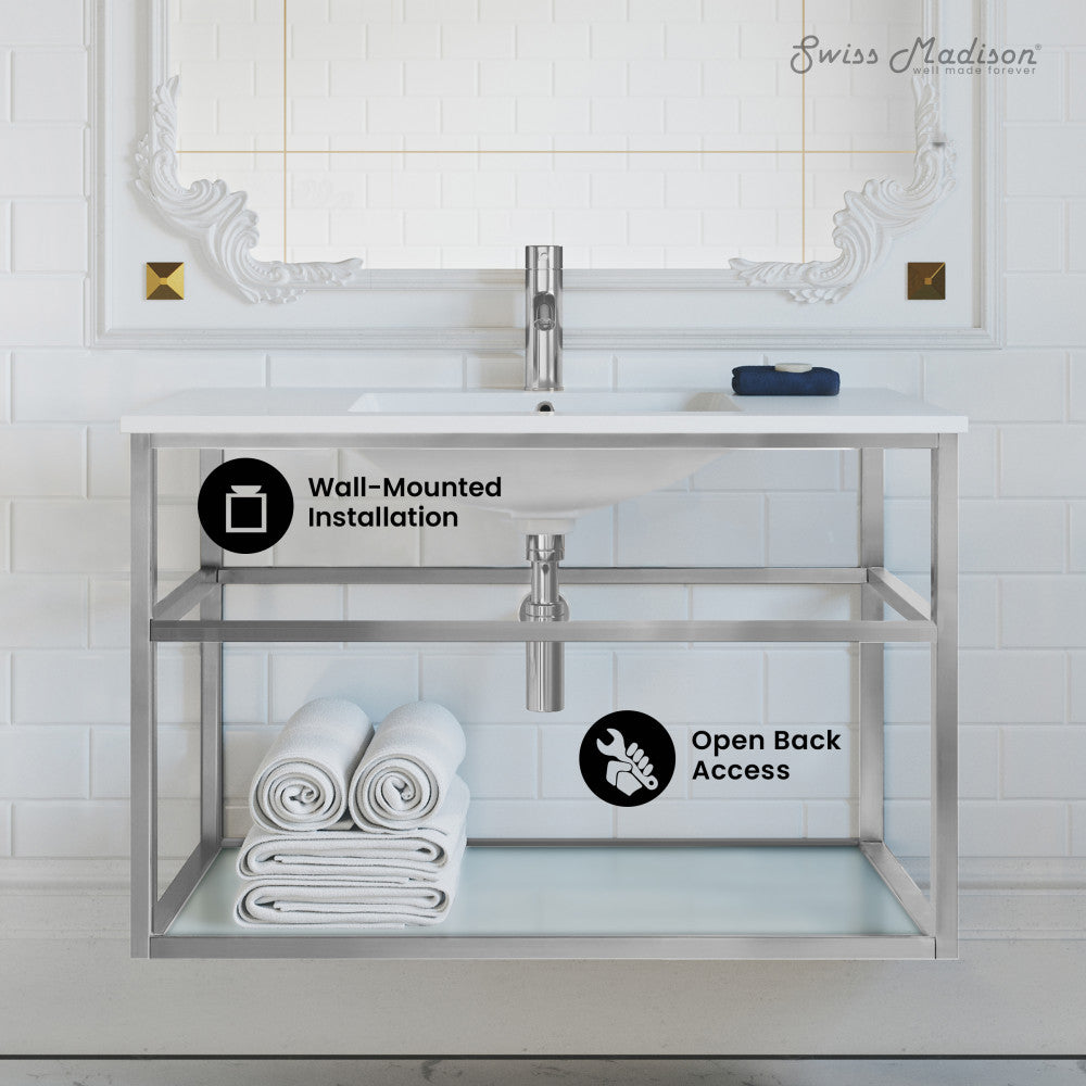 Pierre 36" Open Shelf Chrome Frame Wall-Mounted Bathroom Vanity with Sink Top