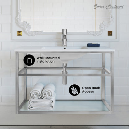 Pierre 36" Open Shelf Chrome Frame Wall-Mounted Bathroom Vanity with Sink Top