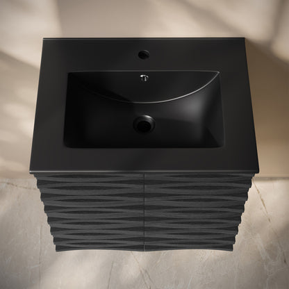 Cascade 24" Wall-Mounted Bathroom Vanity in Black Oak with Black Sink Top