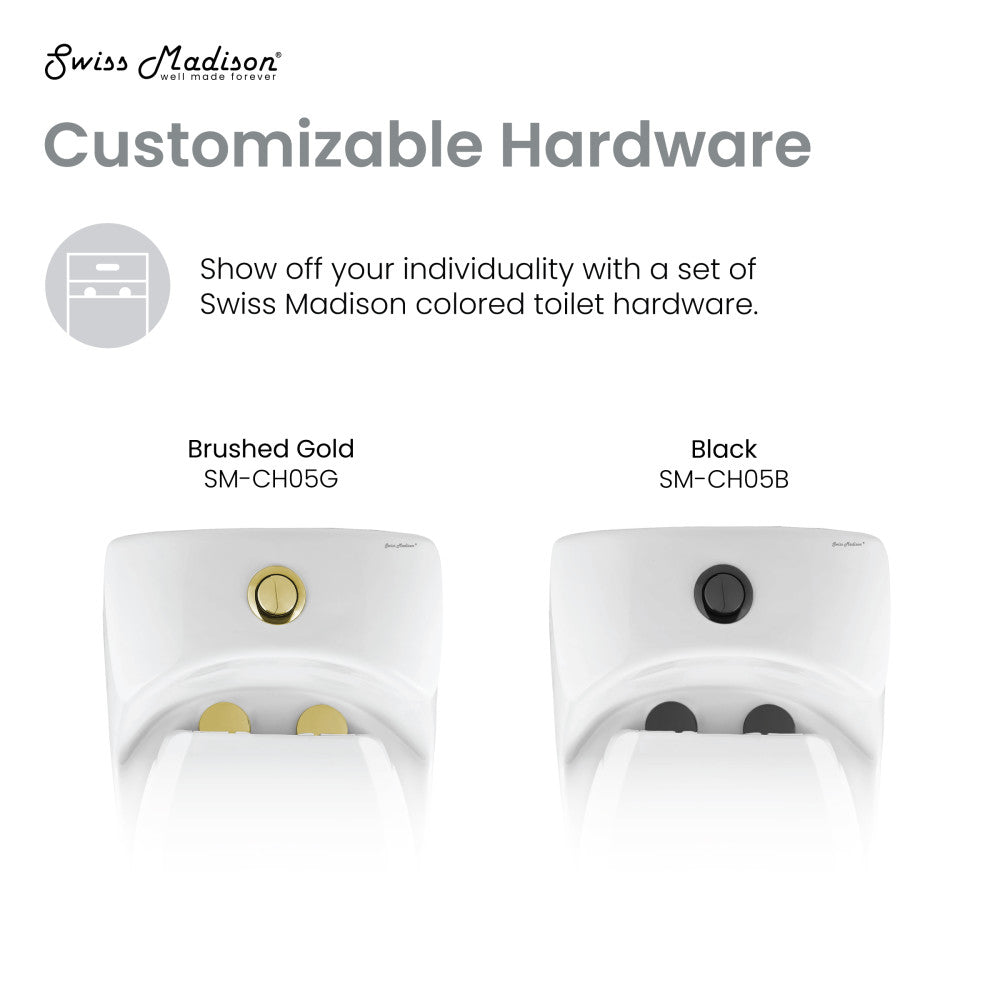 Elongated one-piece toilet with dual flush and brushed gold hardware.