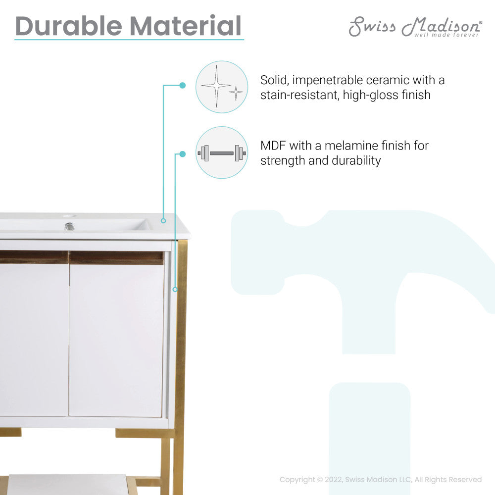 24-inch freestanding white bathroom vanity with brushed gold frame, double doors, soft-close hinges.