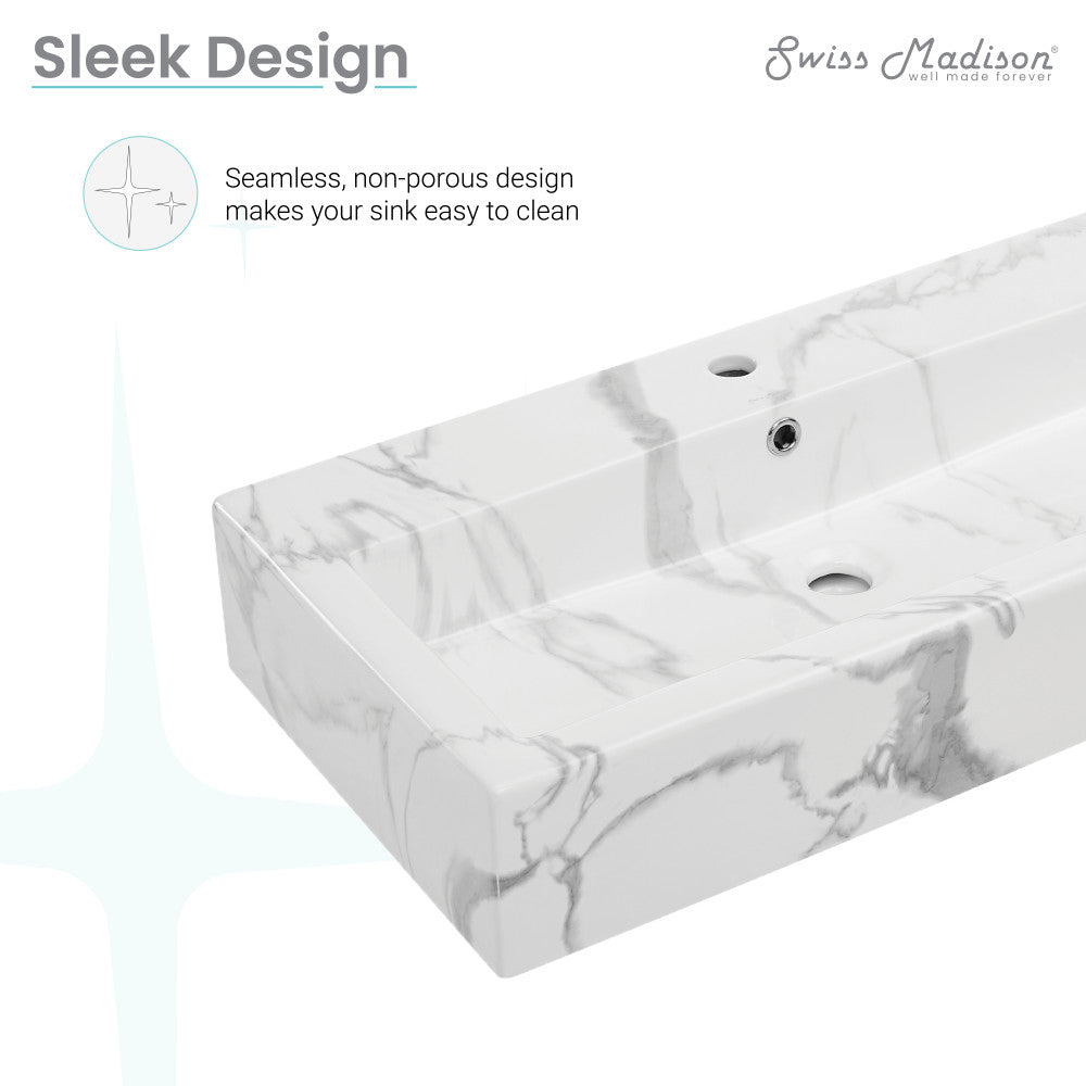 White marble wide rectangle vessel sink with seamless non-porous design, single faucet hole.