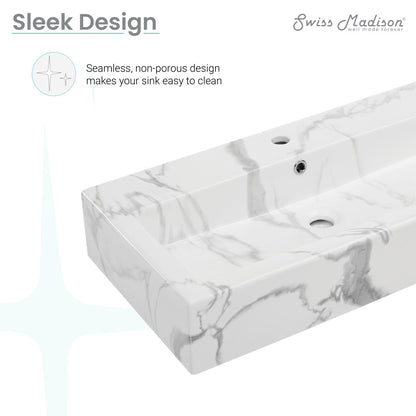 White marble wide rectangle vessel sink with seamless non-porous design, single faucet hole.