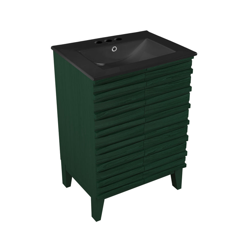 Cascade 24" Freestanding Bathroom Vanity in Green Oak with Black 3-Hole Centerset Sink Top