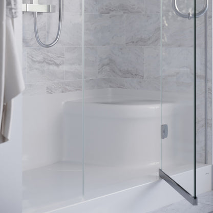 60-inch white single threshold shower base with left hand drain and integral right hand seat.