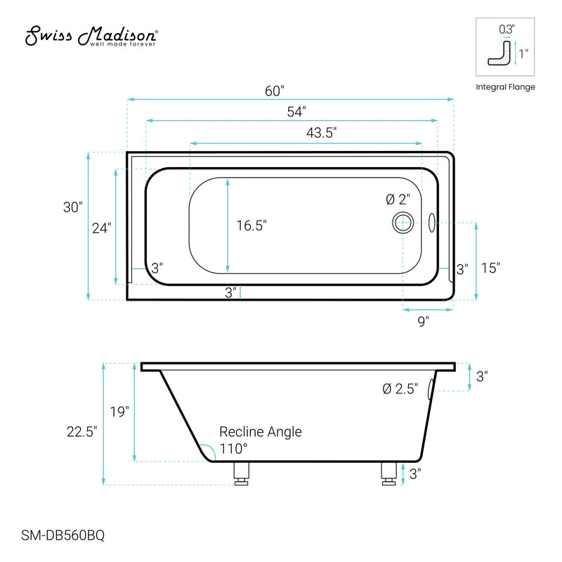 Voltaire 60" x 30" Right-Hand Drain Alcove Bathtub in Bisque