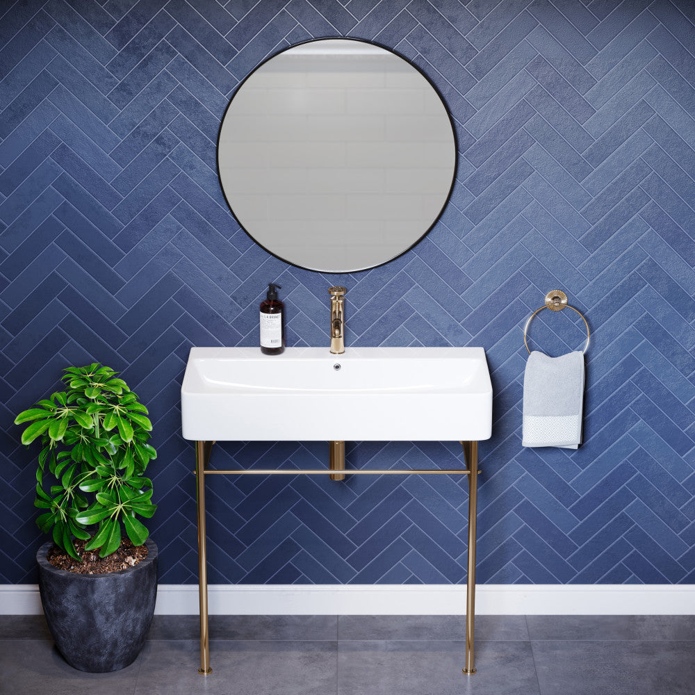 Carre 36 Ceramic Console Sink White Basin Gold Legs