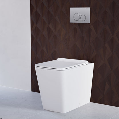 Back-to-wall elongated toilet with concealed tank, glossy white, soft-close seat.
