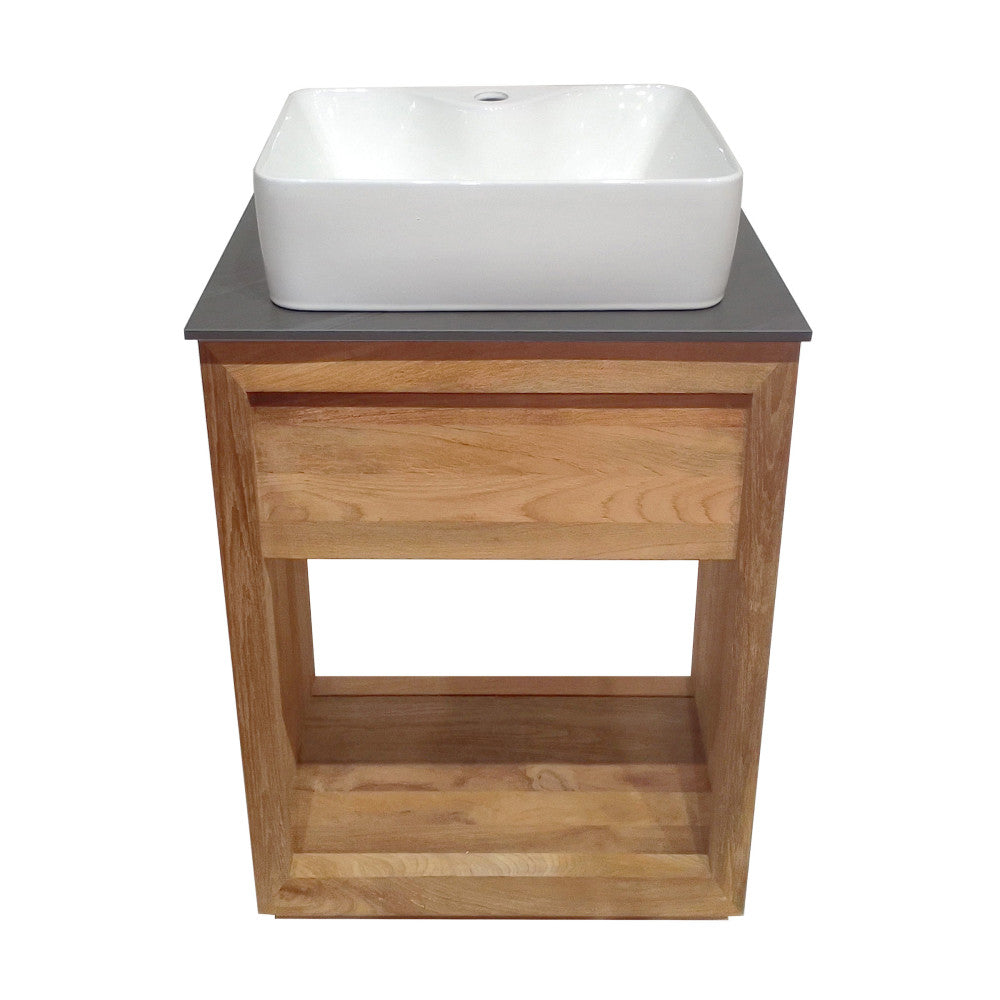24-inch freestanding reclaimed wood bathroom vanity with slate countertop and single hole vessel sink.