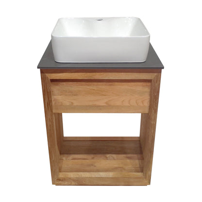 24-inch freestanding reclaimed wood bathroom vanity with slate countertop and single hole vessel sink.