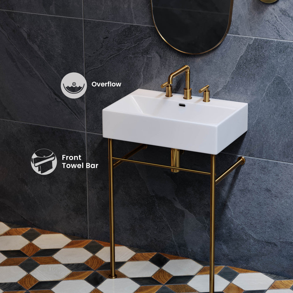 Claire 24" Console Sink White Basin Brushed Gold Legs with 8" Widespread Holes