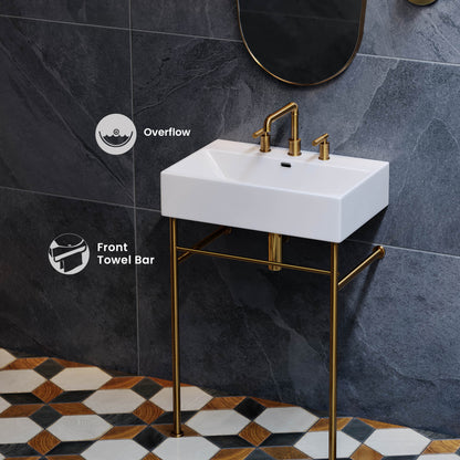 Claire 24" Console Sink White Basin Brushed Gold Legs with 8" Widespread Holes