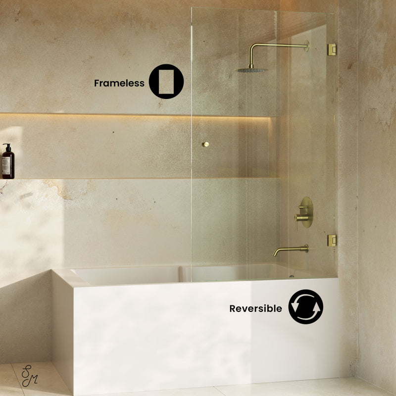 Voltaire 24 x 58 Frameless Pivot 3/8 in. (10mm) Ultra Clear Tempered Glass Tub Door with Gold Brushed Hardware