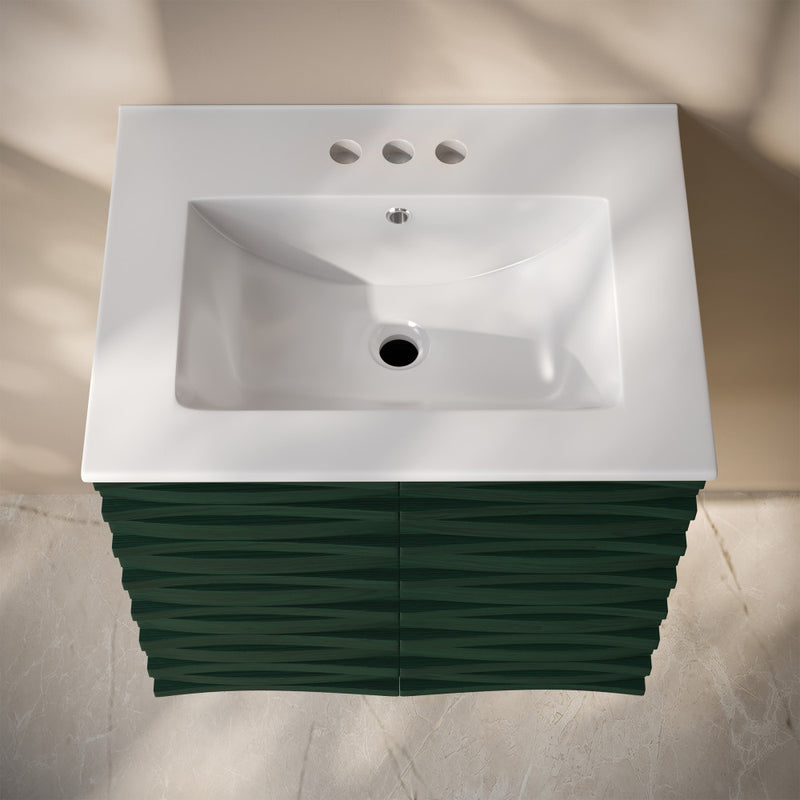 Cascade 24" Wall-Mounted Bathroom Vanity in Green Oak with 3-Hole Centerset Sink Top