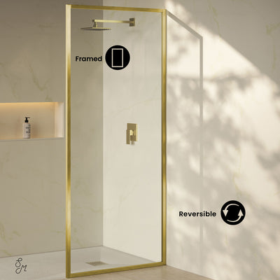 Pierre 34 x 76 Framed Fixed 3/8 in. (10mm) Clear Tempered Glass Shower Door with Gold Brushed Frame