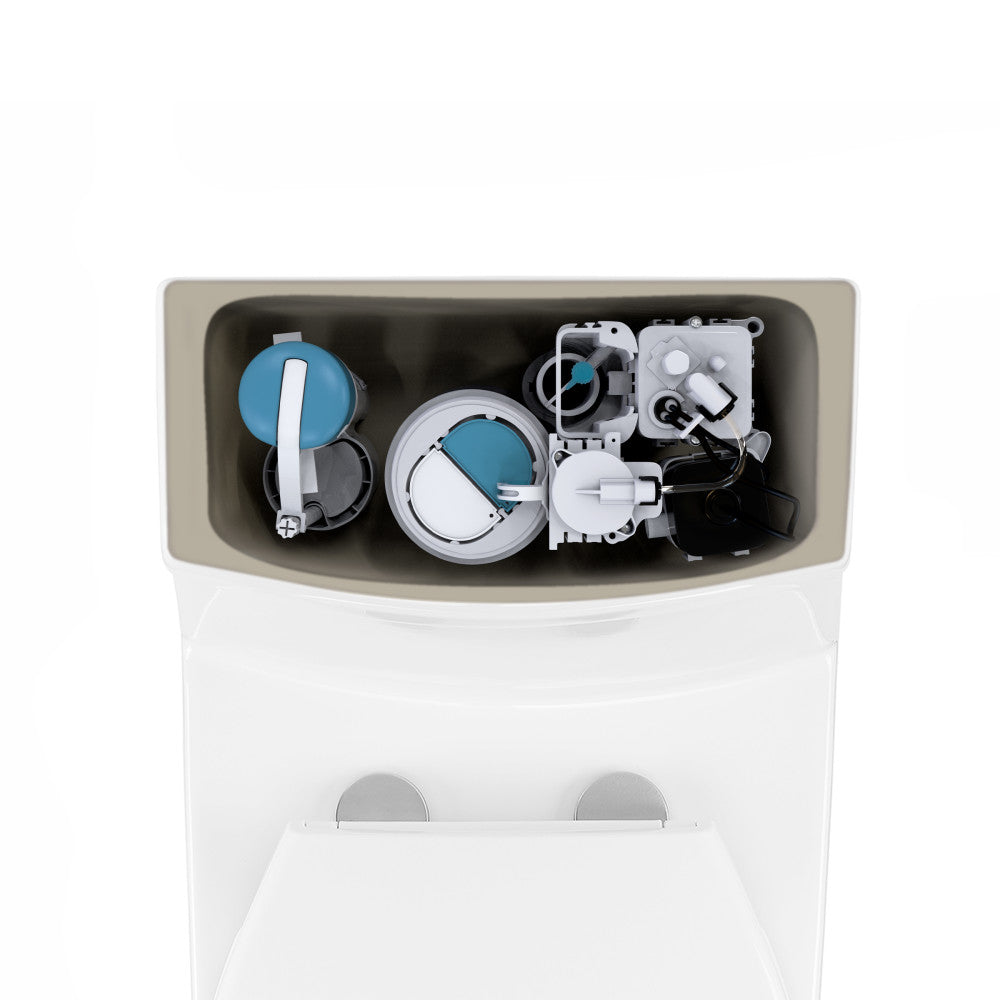 Touchless retrofit kit components, including sensor and valve parts in tank housing.