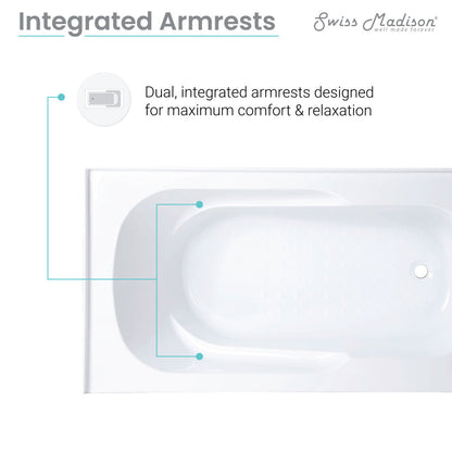 Right-hand drain alcove bathtub 60x30 inch with apron front and dual integrated armrests.