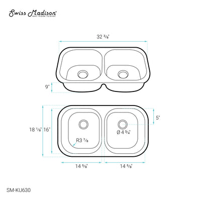 Toulouse 32 x 18 Stainless Steel, Dual Basin, Under-Mount Kitchen Sink