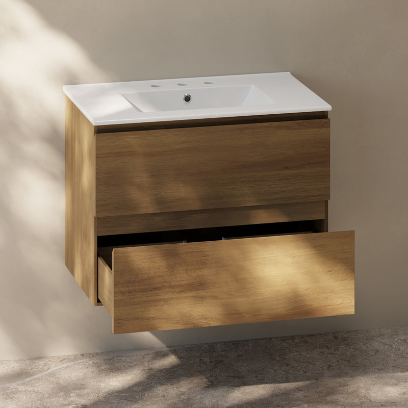 Liberte 30" Wall-Mounted Bathroom Vanity in Brown Oak with 3-Hole Widespread Sink Top