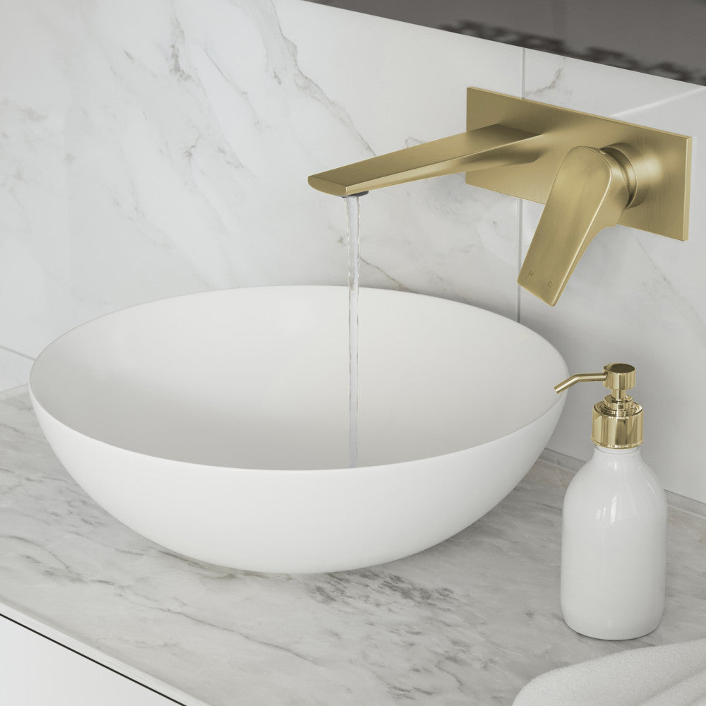 Wall-mount bathroom faucet in brushed gold, single-handle with sleek modern design.