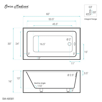 Virage 60" x 30" Right-Hand Drain Alcove Bathtub with Apron