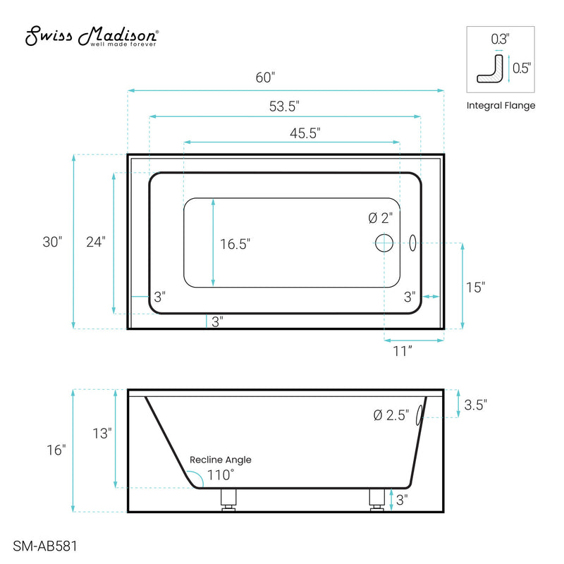 Virage 60" x 30" Right-Hand Drain Alcove Bathtub with Apron