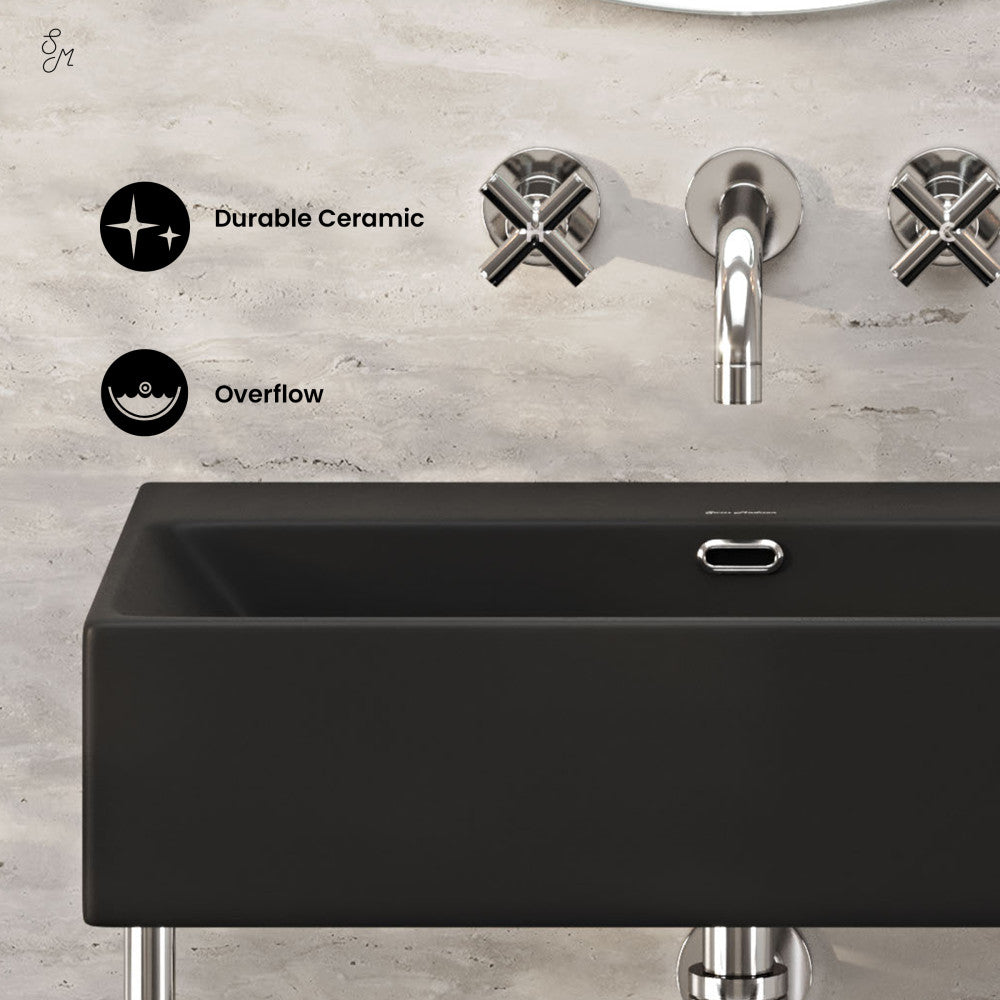 Claire 24" Rectangle Matte Black Zero Hole Console Sink with Polished Chrome Legs