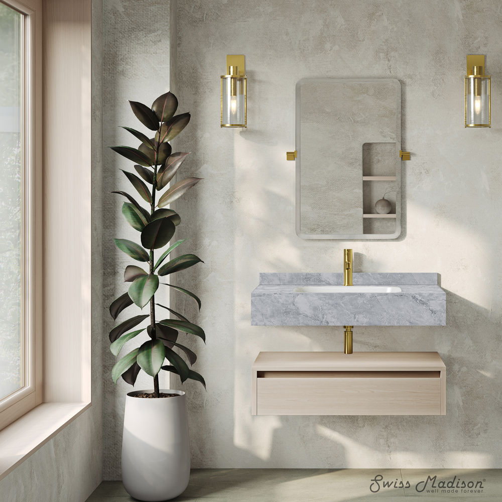 Avancer 36" Wall-Mounted Bathroom Vanity in White Oak with Storm Gray Sink Top